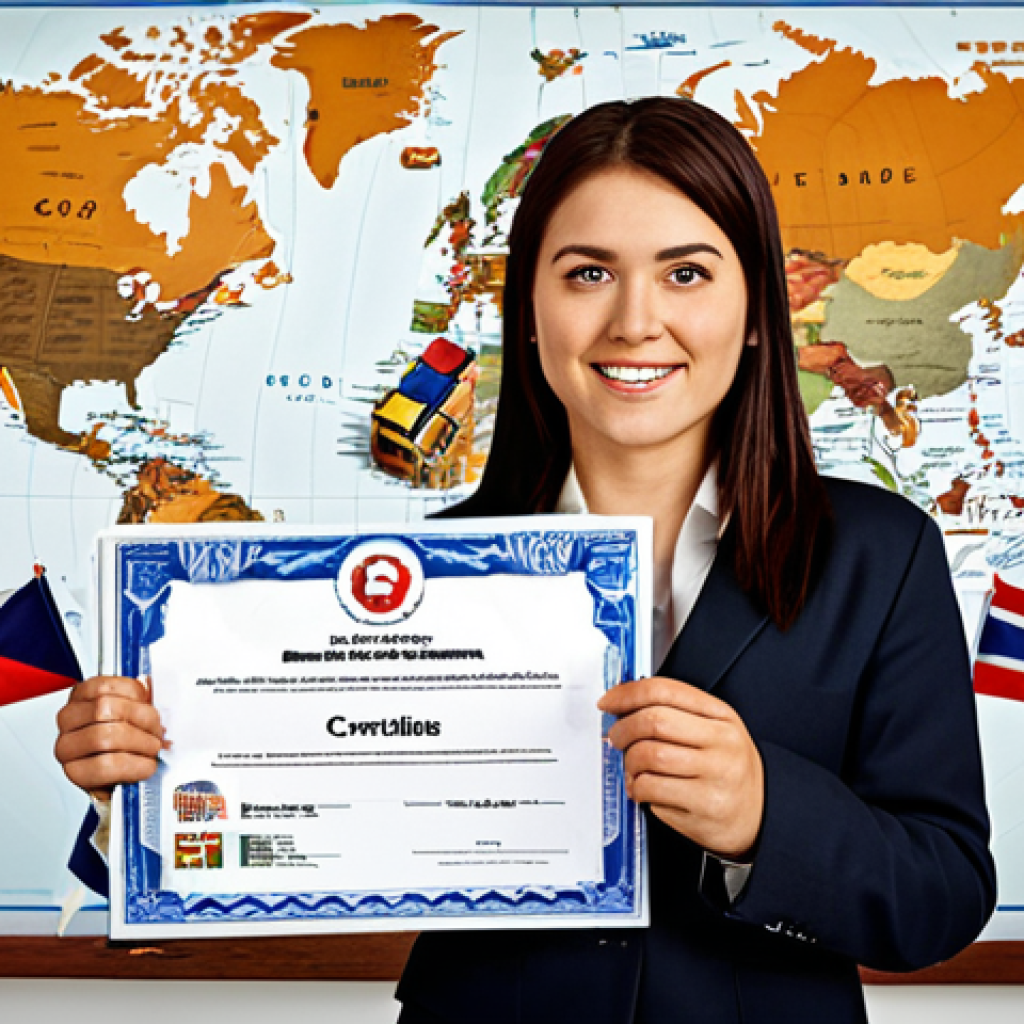**Prompt:** A confident business person stands in front of a world map, holding a trade English certificate. Around them are icons representing international trade: shipping containers, currency symbols, and flags. The overall tone is empowering and optimistic, suggesting career advancement.