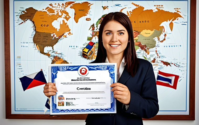 **Prompt:** A confident business person stands in front of a world map, holding a trade English certificate. Around them are icons representing international trade: shipping containers, currency symbols, and flags. The overall tone is empowering and optimistic, suggesting career advancement.