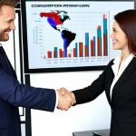 **Successful Negotiation with Overseas Client:** A confident professional in a modern office setting, shaking hands with a smiling international client. Documents with charts and graphs are visible in the background, highlighting a successful contract negotiation. The scene conveys a sense of accomplishment and global partnership.