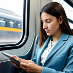 A focused professional woman in a modest business suit, fully clothed, appropriate attire, sitting comfortably on a modern, clean commuter train. She is thoughtfully reading a global business news article on her tablet, reflecting the integration of learning into daily routine. The background shows blurred cityscapes through the window. professional photography, high quality, safe for work, appropriate content, family-friendly, perfect anatomy, correct proportions, natural pose, well-formed hands, proper finger count, natural body proportions.