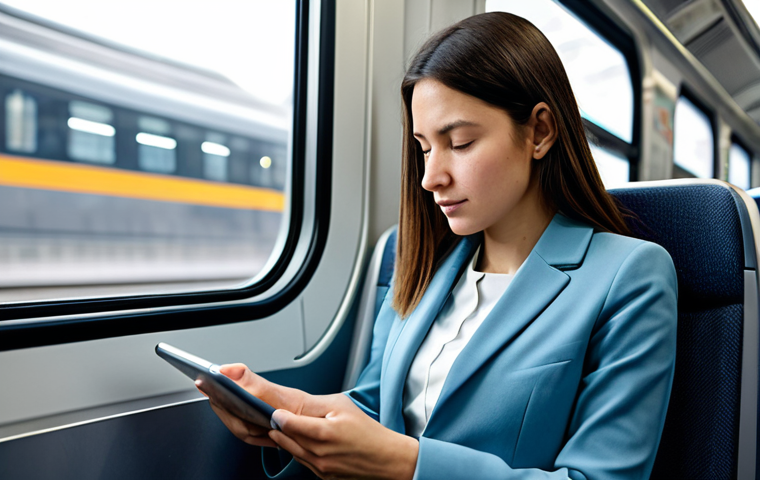 A focused professional woman in a modest business suit, fully clothed, appropriate attire, sitting comfortably on a modern, clean commuter train. She is thoughtfully reading a global business news article on her tablet, reflecting the integration of learning into daily routine. The background shows blurred cityscapes through the window. professional photography, high quality, safe for work, appropriate content, family-friendly, perfect anatomy, correct proportions, natural pose, well-formed hands, proper finger count, natural body proportions.