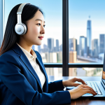 A professional Asian businesswoman, fully clothed in a modest, modern business suit, is seated at a sleek desk in a contemporary, sunlit office. She is focused intently, wearing wireless headphones, and interacting with a laptop that displays a virtual conference call with diverse global partners. The background shows a large window overlooking a city skyline, subtly indicating global business. The scene conveys active learning and real-world application of trade English. Perfect anatomy, correct proportions, natural pose, well-formed hands, proper finger count, natural body proportions. High-quality professional photography, detailed, realistic, vibrant colors, soft lighting, professional dress, appropriate attire, safe for work, appropriate content, family-friendly.