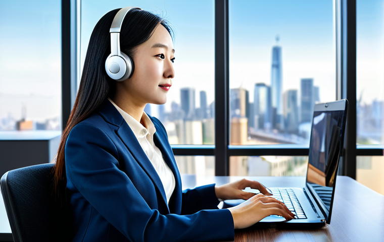A professional Asian businesswoman, fully clothed in a modest, modern business suit, is seated at a sleek desk in a contemporary, sunlit office. She is focused intently, wearing wireless headphones, and interacting with a laptop that displays a virtual conference call with diverse global partners. The background shows a large window overlooking a city skyline, subtly indicating global business. The scene conveys active learning and real-world application of trade English. Perfect anatomy, correct proportions, natural pose, well-formed hands, proper finger count, natural body proportions. High-quality professional photography, detailed, realistic, vibrant colors, soft lighting, professional dress, appropriate attire, safe for work, appropriate content, family-friendly.