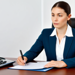 Professional Businesswoman**

A confident businesswoman in a tailored business suit, fully clothed, sits at a modern desk in a bright, contemporary office. She is reviewing documents with a focused expression. Perfect anatomy, correct proportions, well-formed hands, natural pose. Safe for work, appropriate content, professional, modest, family-friendly. High-quality professional photography, clean composition.

**