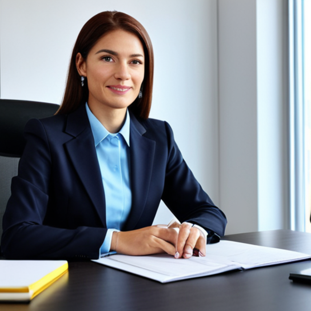 **

A professional businesswoman in a modest business suit, sitting at a desk in a modern office, fully clothed, appropriate attire, safe for work, perfect anatomy, natural proportions, professional photography, high quality. Family-friendly.

**