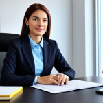 **

A professional businesswoman in a modest business suit, sitting at a desk in a modern office, fully clothed, appropriate attire, safe for work, perfect anatomy, natural proportions, professional photography, high quality. Family-friendly.

**