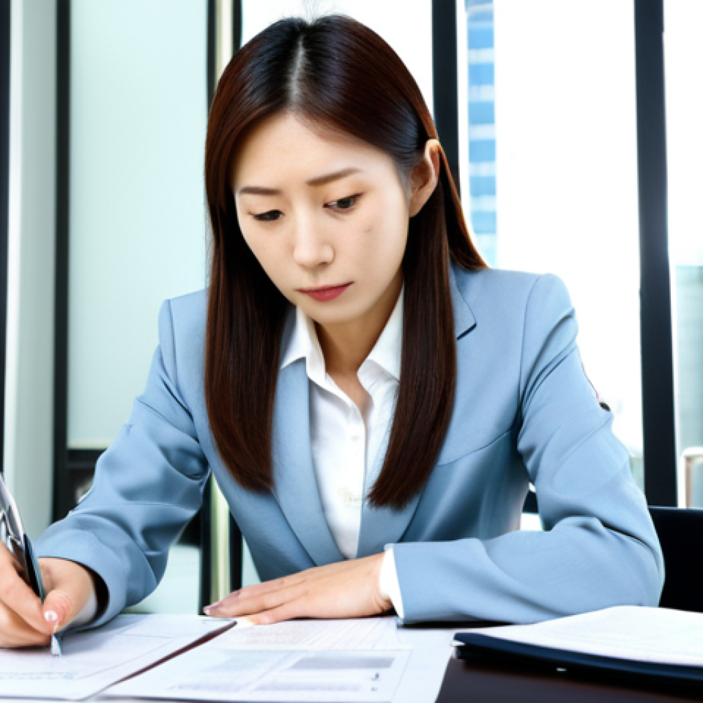 **

A confident Japanese businesswoman in a professional business suit, sitting at a clean desk in a modern, bright office setting. She is reviewing export documents with a focused expression. The scene conveys success and competence in international trade.  "Safe for work", "appropriate content", "fully clothed", "professional", perfect anatomy, correct proportions, natural pose, well-formed hands, proper finger count, natural body proportions, high quality, professional photography.

**