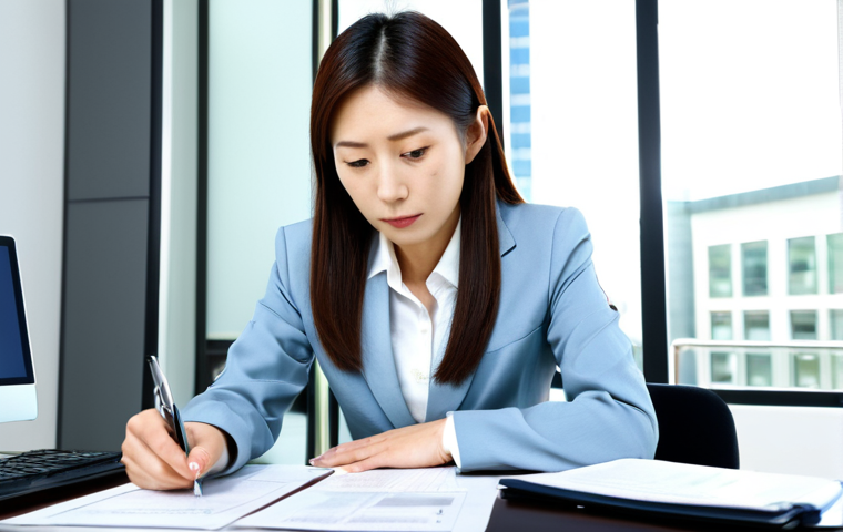 **

A confident Japanese businesswoman in a professional business suit, sitting at a clean desk in a modern, bright office setting. She is reviewing export documents with a focused expression. The scene conveys success and competence in international trade.  "Safe for work", "appropriate content", "fully clothed", "professional", perfect anatomy, correct proportions, natural pose, well-formed hands, proper finger count, natural body proportions, high quality, professional photography.

**