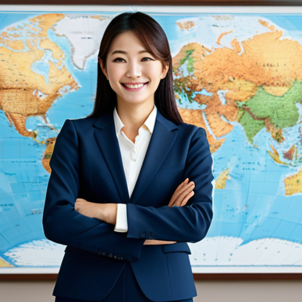 **

"A confident Japanese businesswoman in a stylish, fully clothed business suit, standing in a modern office with a global map in the background, smiling, professional attire, perfect anatomy, natural pose, well-formed hands, appropriate content, safe for work, high quality, digital illustration, family-friendly."

**