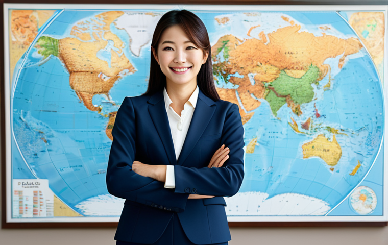 **

"A confident Japanese businesswoman in a stylish, fully clothed business suit, standing in a modern office with a global map in the background, smiling, professional attire, perfect anatomy, natural pose, well-formed hands, appropriate content, safe for work, high quality, digital illustration, family-friendly."

**
