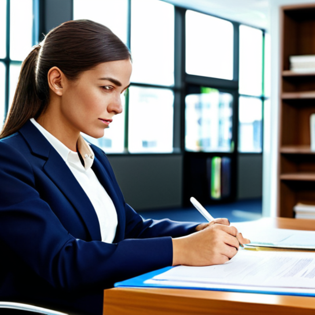 **

"A businesswoman in a tailored business suit, reviewing documents at a brightly lit desk, modern office environment with bookshelves in the background, fully clothed, professional attire, safe for work, perfect anatomy, correct proportions, professional photograph, high quality, family-friendly, appropriate content."

**