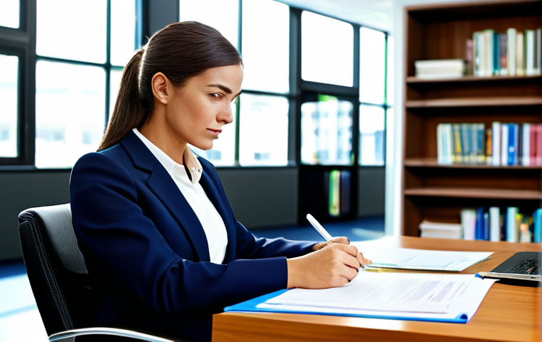 **

"A businesswoman in a tailored business suit, reviewing documents at a brightly lit desk, modern office environment with bookshelves in the background, fully clothed, professional attire, safe for work, perfect anatomy, correct proportions, professional photograph, high quality, family-friendly, appropriate content."

**
