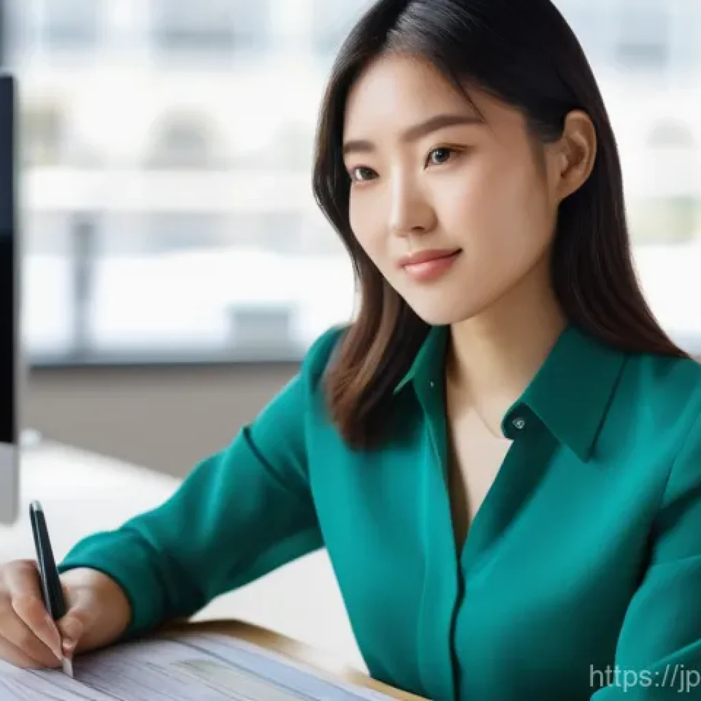 무역영어 학습법과 업무 효율성의 관계 - A vibrant, dynamic shot of a young Japanese businesswoman, in her late 20s, elegantly dressed in a c...