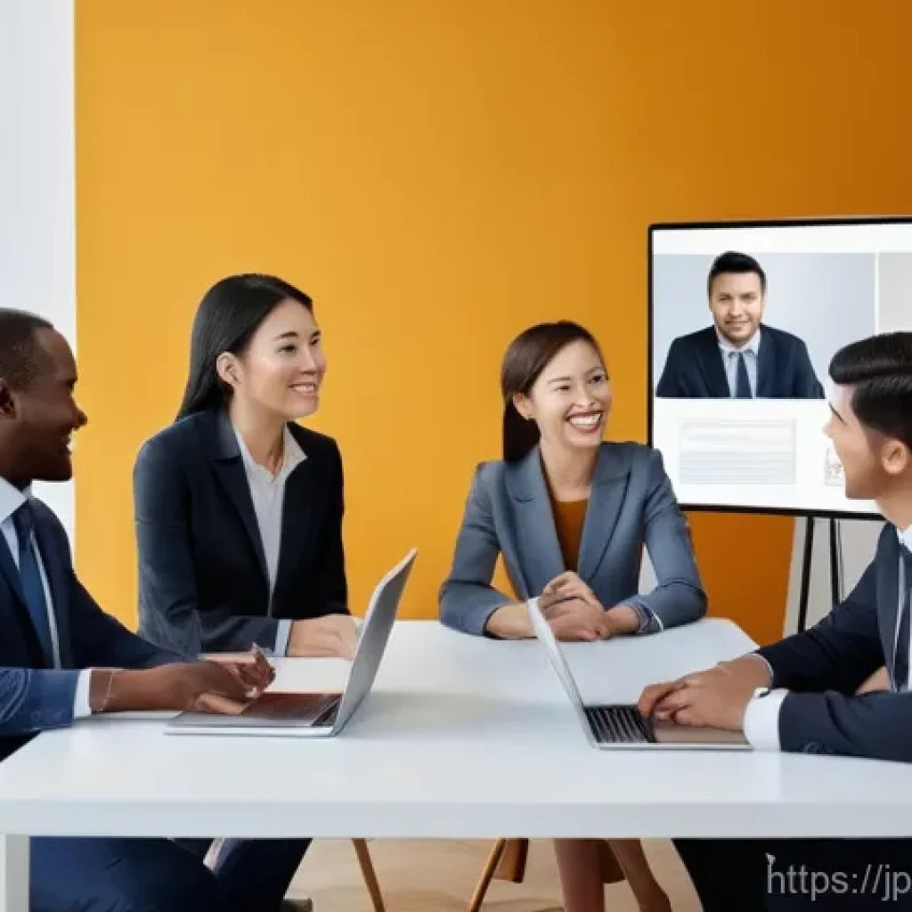 무역영어 자격증과 관련된 업무 경험 사례 - **Prompt:** A diverse group of four business professionals from different cultural backgrounds (e.g....