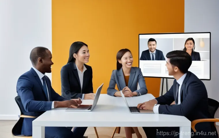 무역영어 자격증과 관련된 업무 경험 사례 - **Prompt:** A diverse group of four business professionals from different cultural backgrounds (e.g....