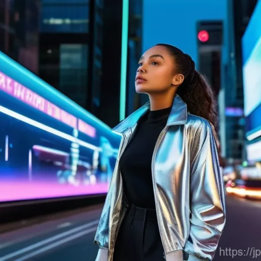 무역영어 시험에서 고득점을 위한 학습법 - **Prompt:** A young woman, in her early twenties, stands on a bustling, neon-lit futuristic city str...
