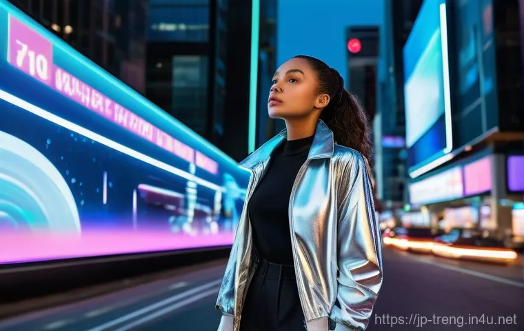 무역영어 시험에서 고득점을 위한 학습법 - **Prompt:** A young woman, in her early twenties, stands on a bustling, neon-lit futuristic city str...