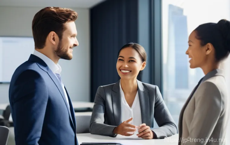 무역영어 필기시험 대비로 얻은 업무 기술 - **Prompt:** A diverse group of four business professionals, two men and two women of various ethnici...