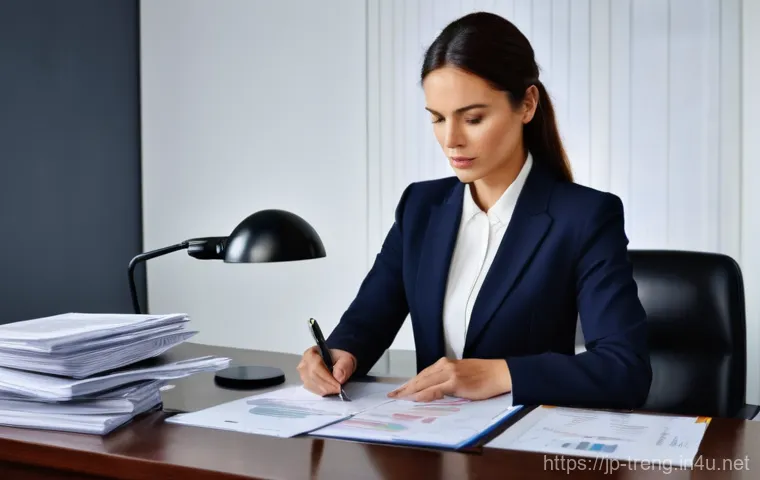 무역영어 필기시험 대비로 얻은 업무 기술 - **Prompt:** A diverse group of four business professionals, two men and two women of various ethnici...