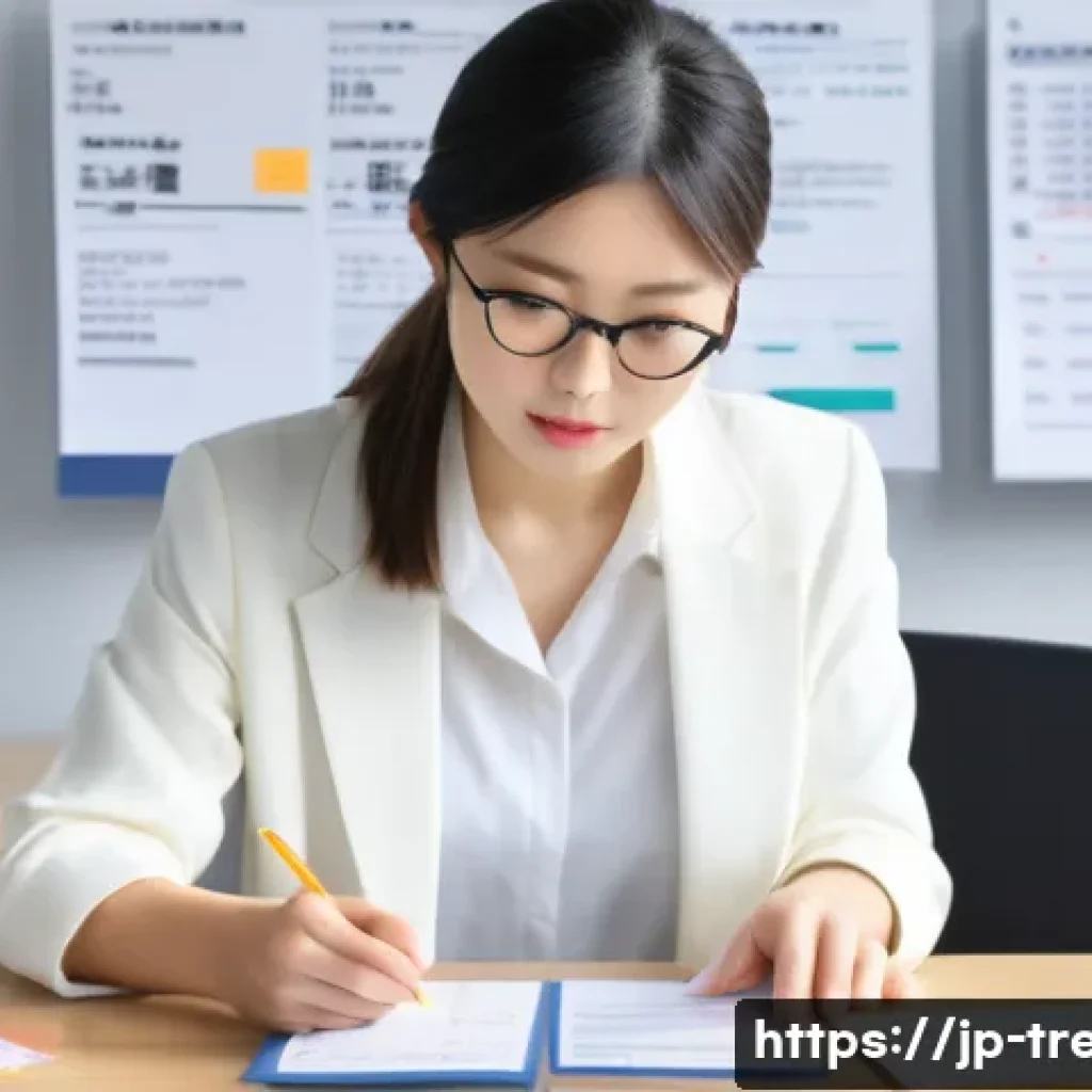 무역영어 시험 대비 체크리스트 작성 - A modern Japanese office scene featuring a young professional woman studying trade English terms at ...