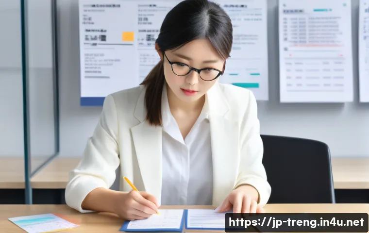 무역영어 시험 대비 체크리스트 작성 - A modern Japanese office scene featuring a young professional woman studying trade English terms at ...