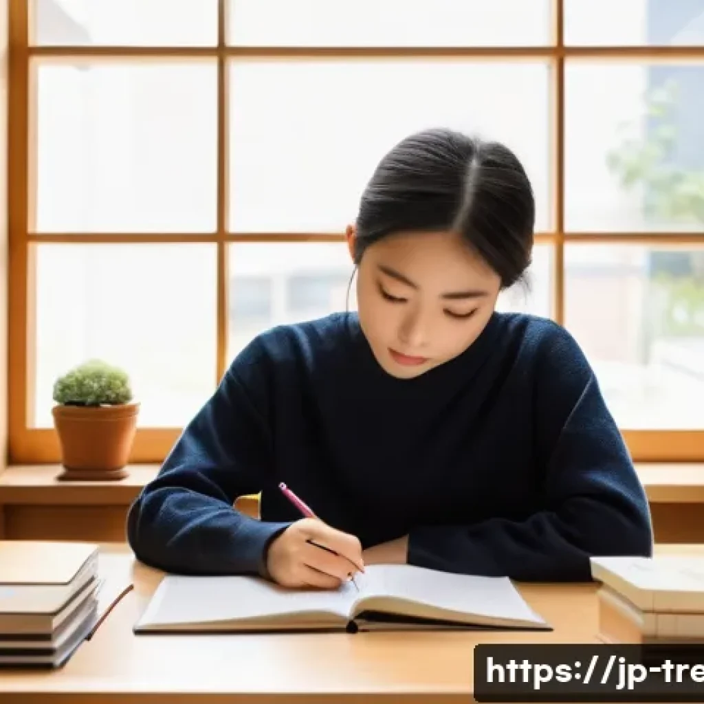 무역영어 필기시험의 시간 관리와 준비 과정 - A modern Japanese study room scene with a young adult student sitting at a clean desk, surrounded by...