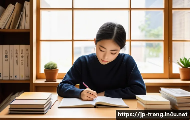 무역영어 필기시험의 시간 관리와 준비 과정 - A modern Japanese study room scene with a young adult student sitting at a clean desk, surrounded by...