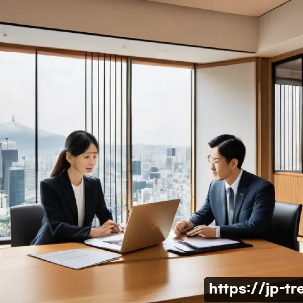 무역영어를 통한 전문 지식 개발 - A modern Japanese office scene focused on international trade contract negotiation, featuring two pr...