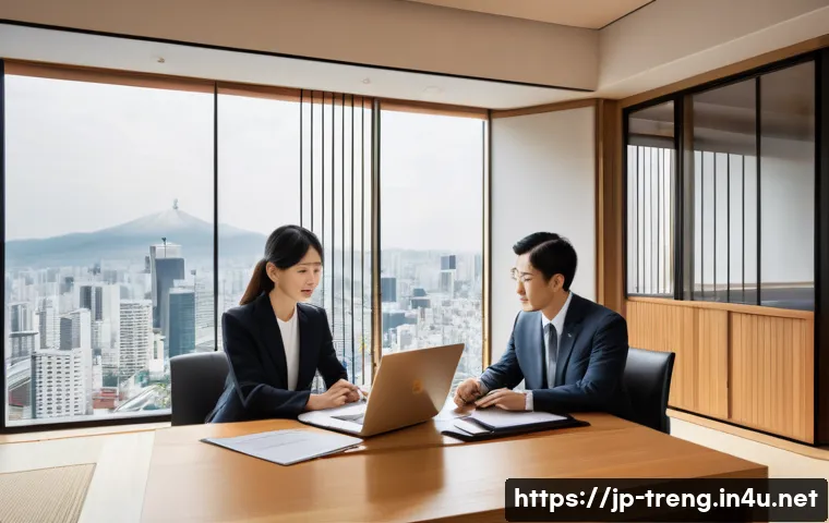 무역영어를 통한 전문 지식 개발 - A modern Japanese office scene focused on international trade contract negotiation, featuring two pr...
