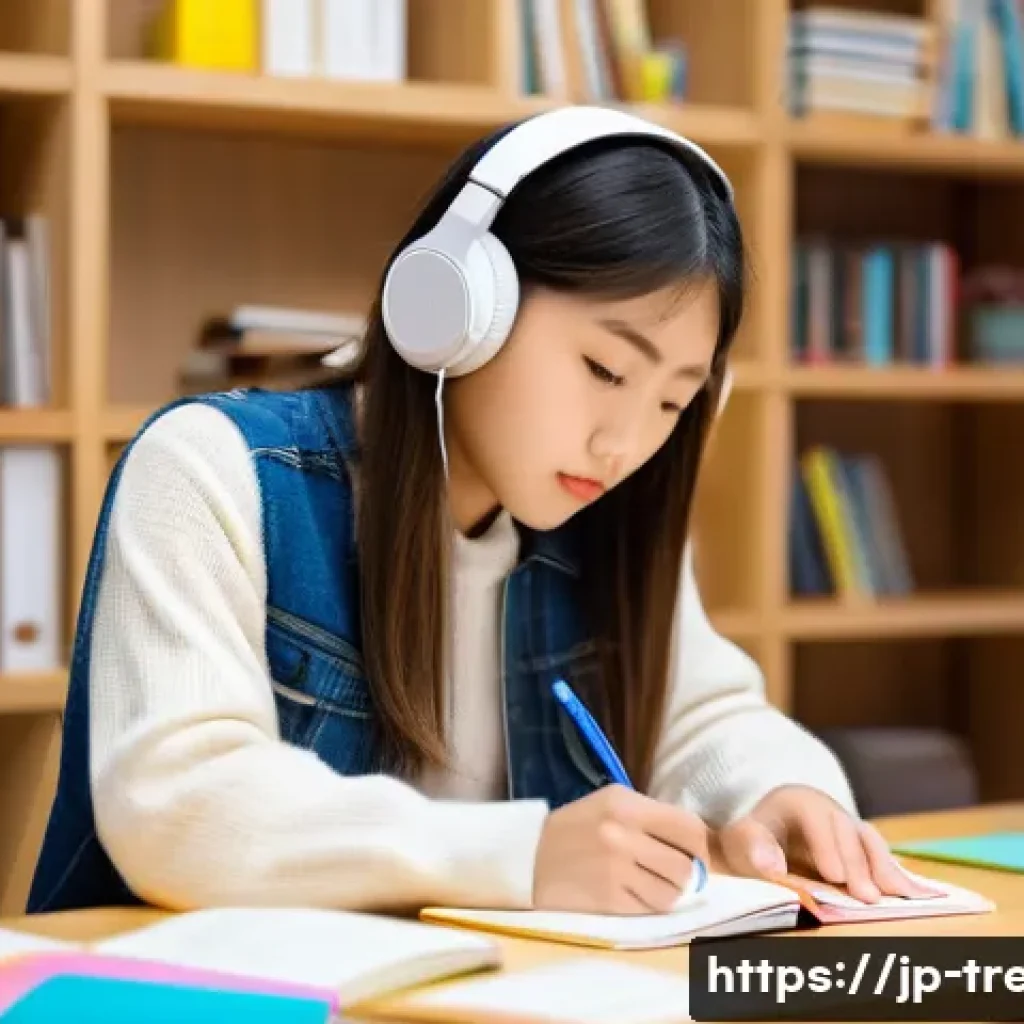 무역영어 시험 준비와 스트레스 관리 방법 - A modern Japanese study room scene in soft natural light, featuring a young Japanese student sitting...