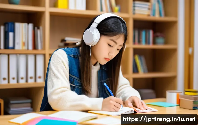 무역영어 시험 준비와 스트레스 관리 방법 - A modern Japanese study room scene in soft natural light, featuring a young Japanese student sitting...
