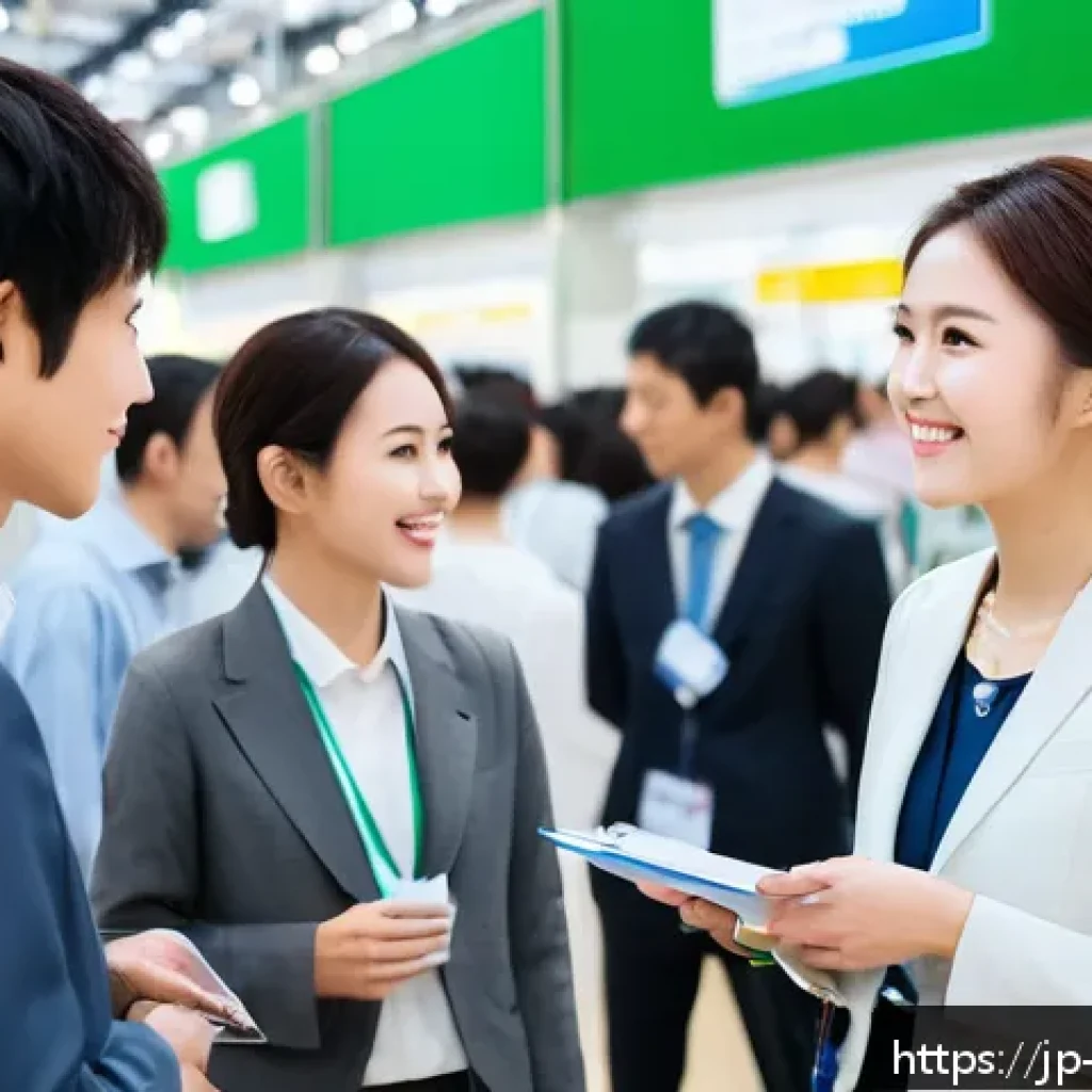 무역영어 관련 취업 박람회 정보 - A modern Japanese trade job fair scene, featuring diverse young Japanese professionals dressed in cl...