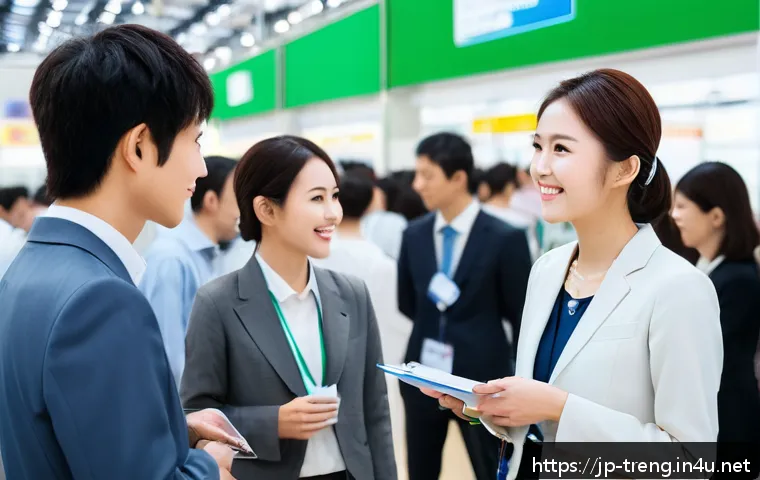 무역영어 관련 취업 박람회 정보 - A modern Japanese trade job fair scene, featuring diverse young Japanese professionals dressed in cl...
