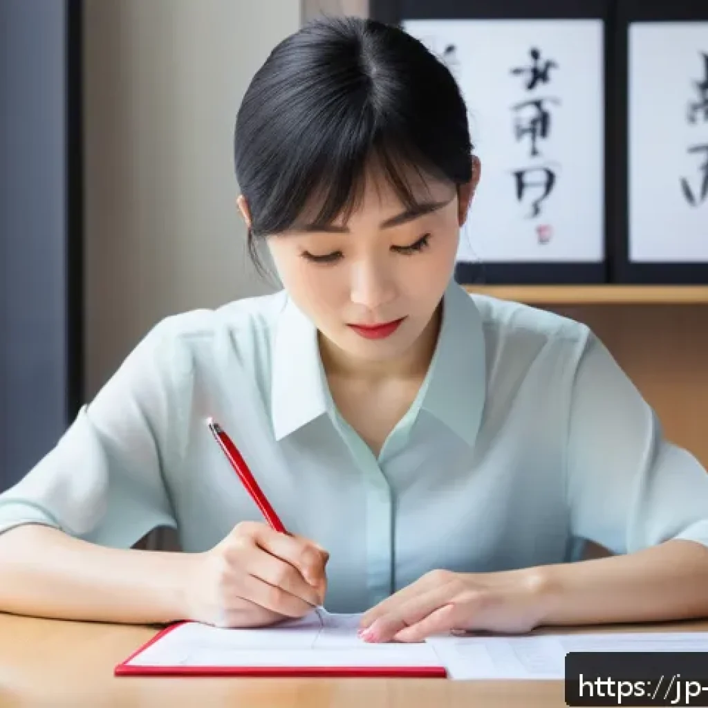 무역영어 실기시험 중 자주 실수하는 유형 - A modern Japanese office scene where a focused young professional Japanese woman with short black ha...