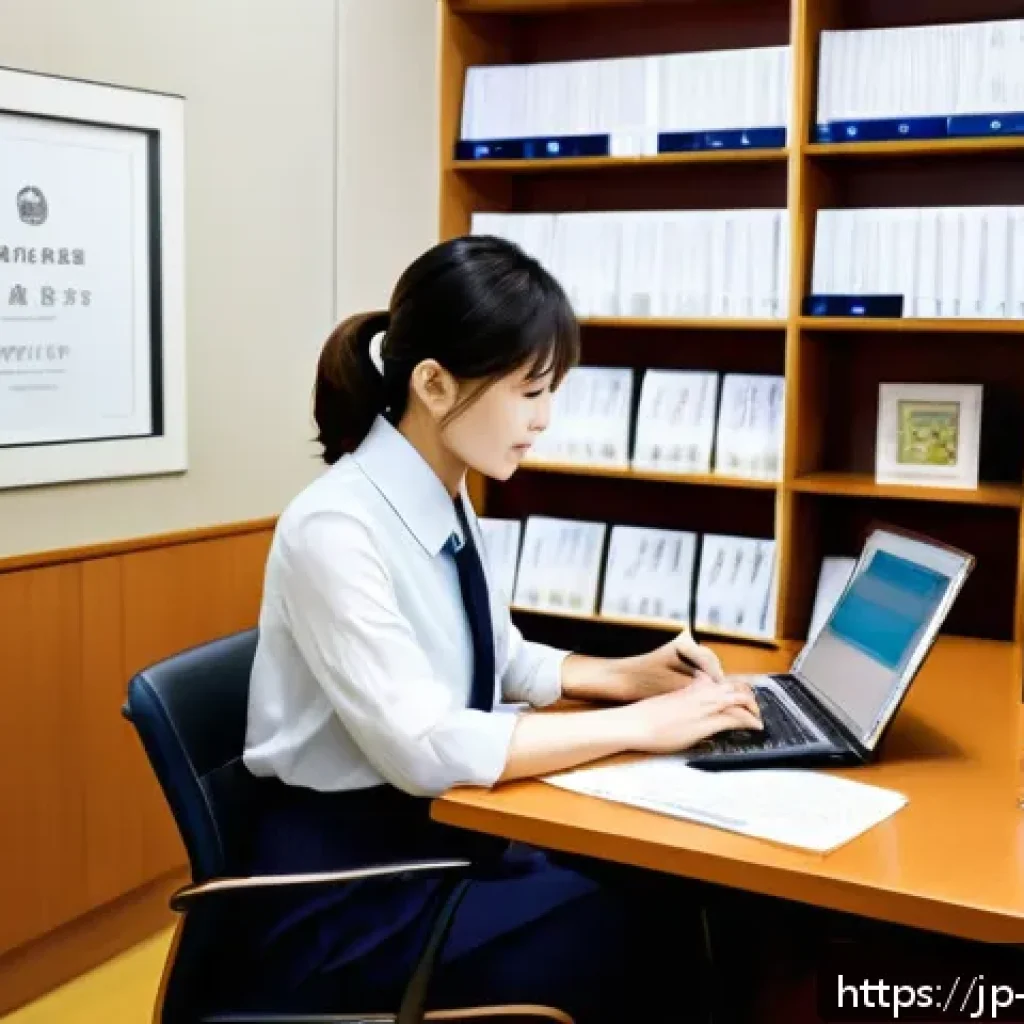 무역영어를 공부하는 직장인 팁 - A modern Japanese office scene showing a professional Japanese businessperson sitting at a clean des...