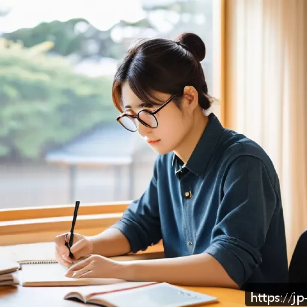 무역영어 필기시험 대비에서 학습 전략 개선 - A modern Japanese study room scene featuring a young adult studying English vocabulary efficiently. ...
