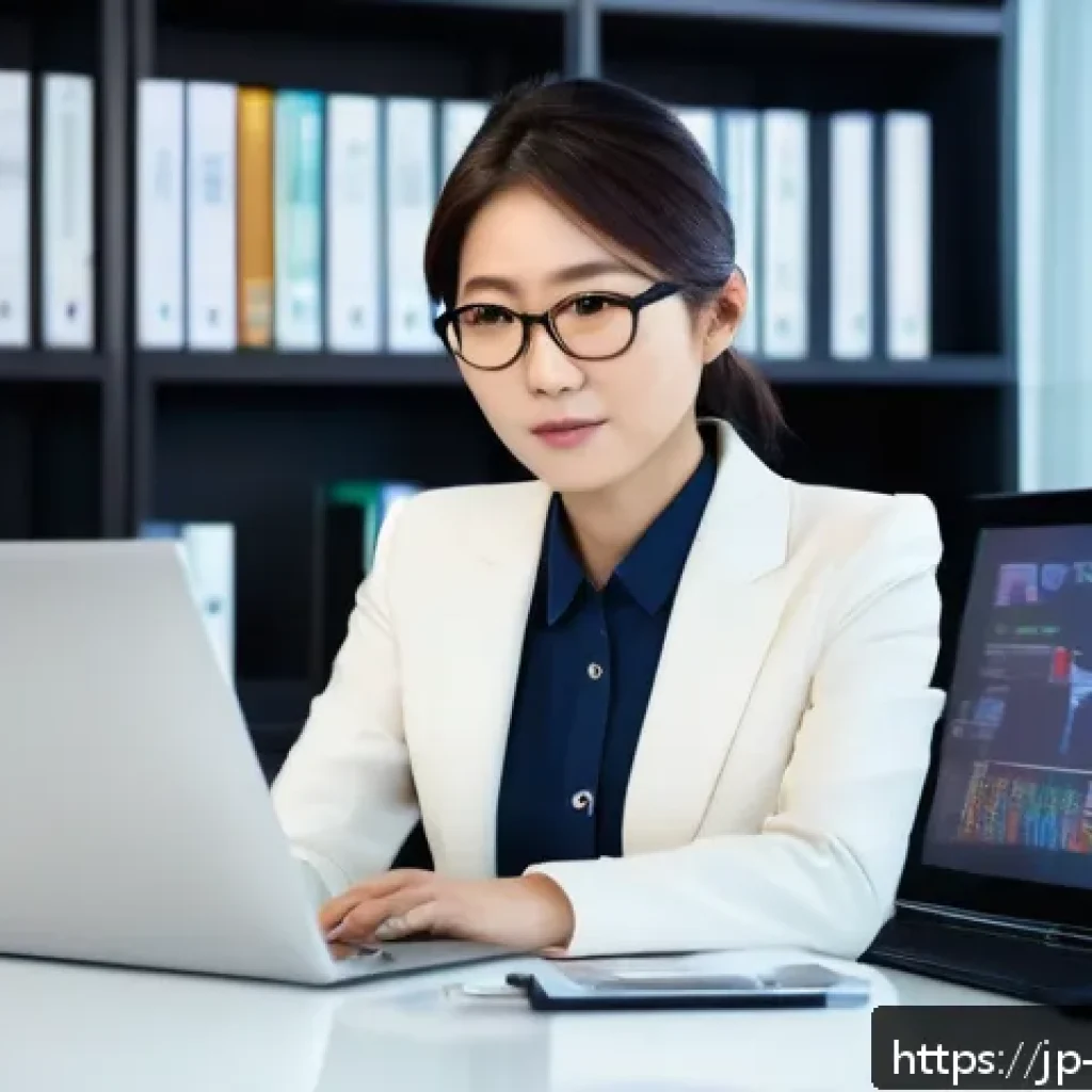 무역영어 취업 활용 사례 - A professional Japanese businesswoman in a modern office setting, wearing a neat business suit and g...