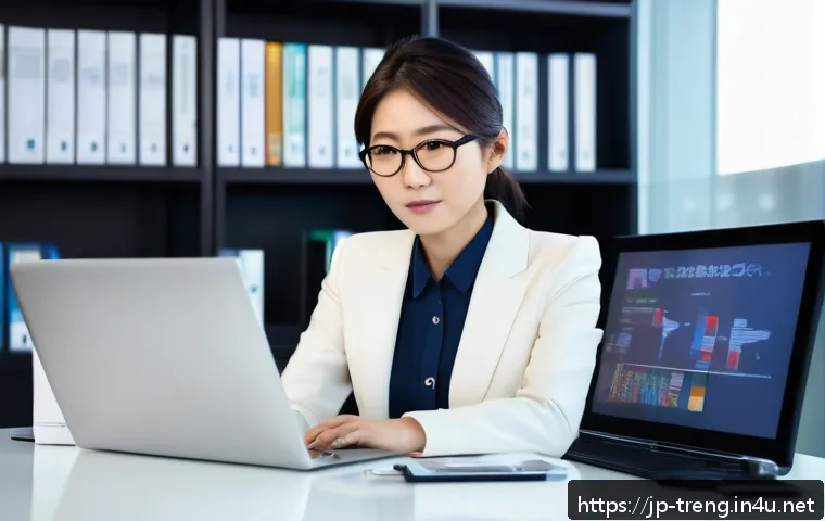 무역영어 취업 활용 사례 - A professional Japanese businesswoman in a modern office setting, wearing a neat business suit and g...