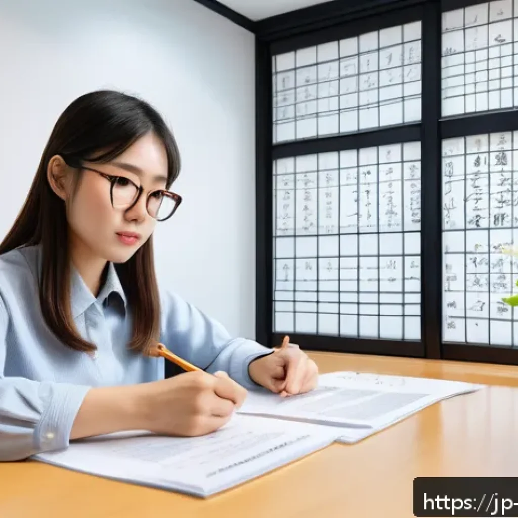 무역영어 필기시험의 기출문제 유형 분석 - A modern Japanese office scene showing a young professional woman studying trade English exam materi...