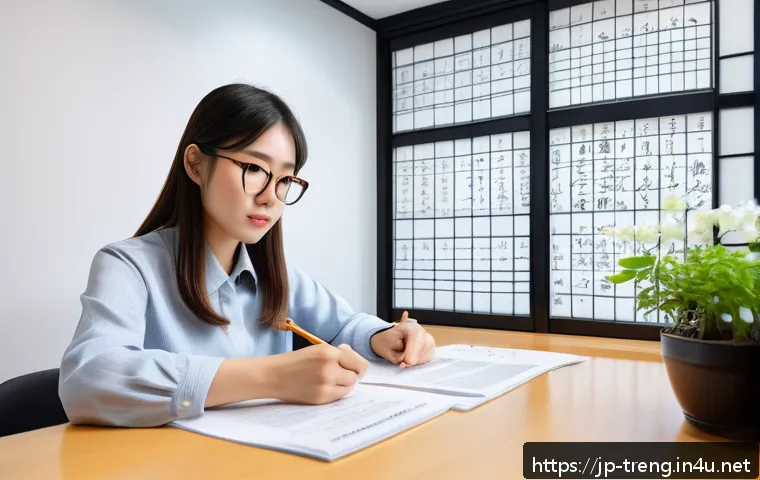 무역영어 필기시험의 기출문제 유형 분석 - A modern Japanese office scene showing a young professional woman studying trade English exam materi...
