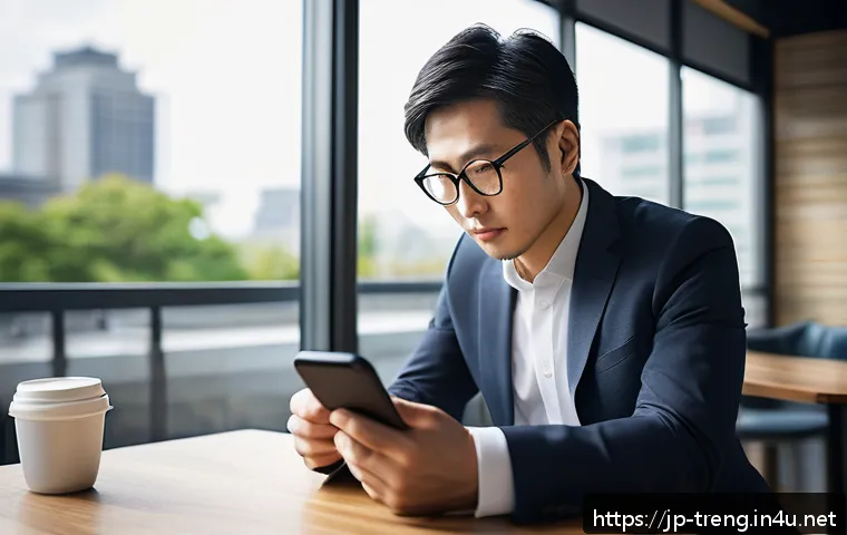 무역영어 시험에서 학습 전략의 중요성 - A focused Japanese businessman in a modern quiet café, studying English trade vocabulary on a sleek ...
