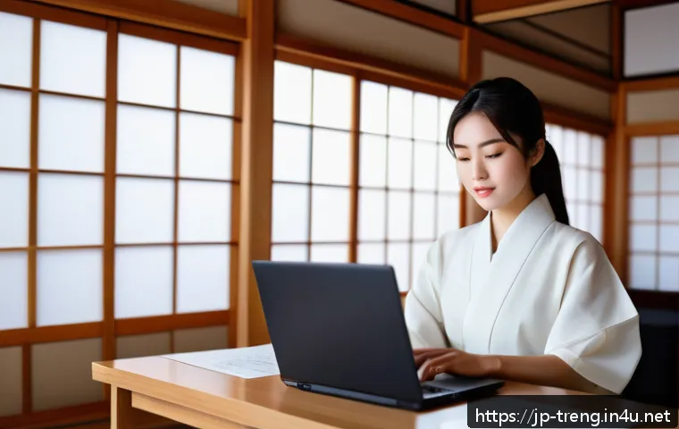 무역영어 시험의 난이도 분석 - A modern Japanese office scene showing a young professional woman studying trade English on her lapt...