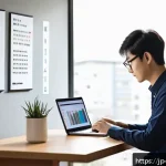 무역영어 필기시험 준비를 위한 무료 자료 - A modern Japanese home office setting with a young Japanese professional studying trade English on a...