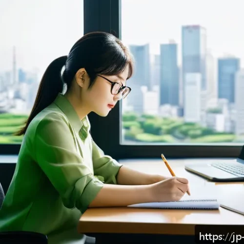 무역영어 필기시험 문제풀이 사례 - A modern Japanese office setting where a young professional Japanese woman studies trade English at ...