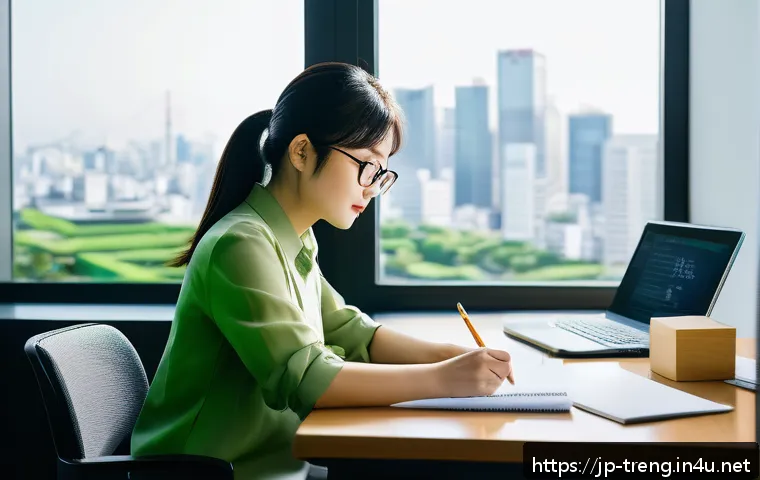 무역영어 필기시험 문제풀이 사례 - A modern Japanese office setting where a young professional Japanese woman studies trade English at ...