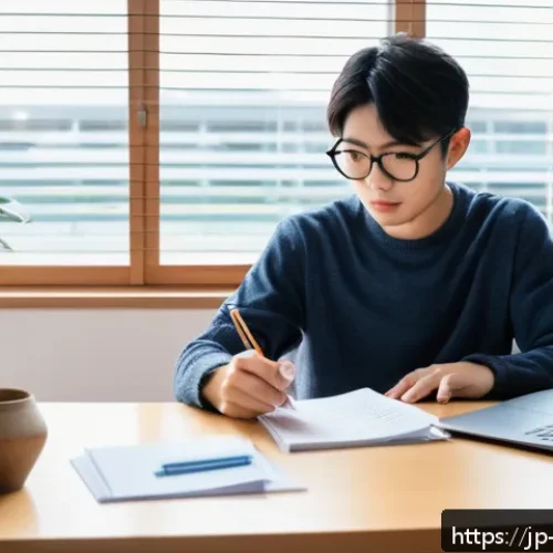 무역영어 필기시험 대비 자기 주도 학습 사례 - A modern Japanese home study scene featuring a young adult sitting at a clean, minimalist desk with ...