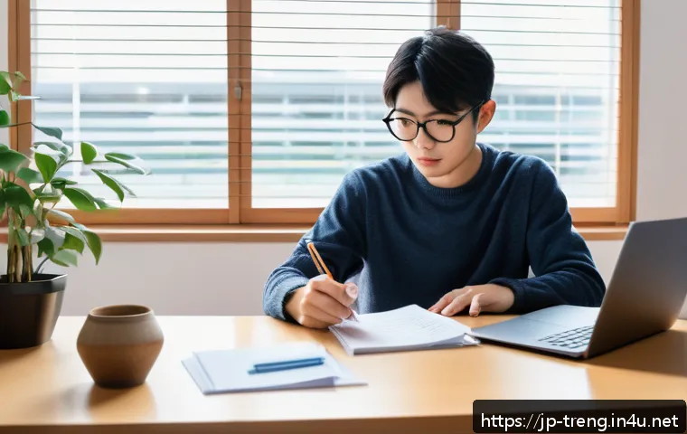 무역영어 필기시험 대비 자기 주도 학습 사례 - A modern Japanese home study scene featuring a young adult sitting at a clean, minimalist desk with ...