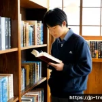 무역영어 관련 도서 추천 - Photorealistic cozy Tokyo bookstore interior, a young Japanese professional browsing a curated shelf...