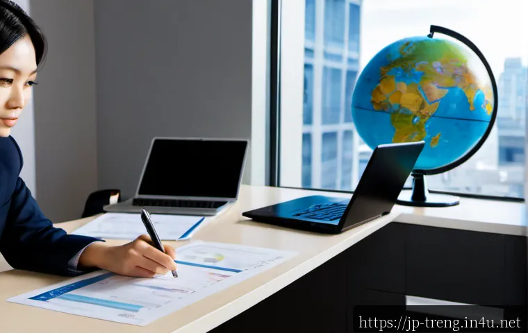 무역영어 자격증과 업무 효율성 향상 - Photorealistic Japanese trade professional at a clean modern office desk, efficiently reviewing inte...