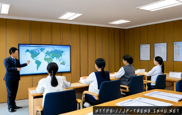 무역영어 시험 대비 사례 분석 워크숍 - Photorealistic international trade English exam preparation workshop in a modern Japanese business t...